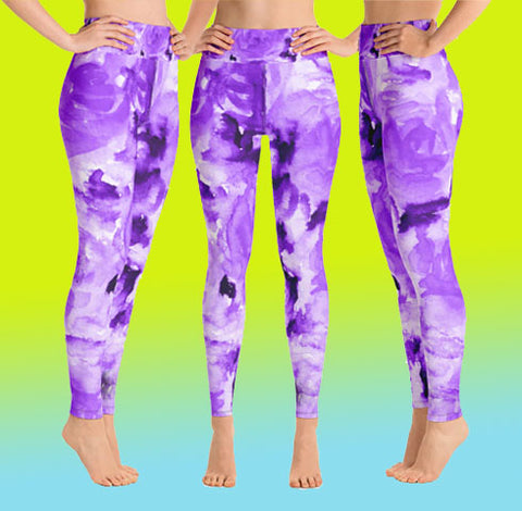 Purple Abstract Rose Women's Leggings, Purple Abstract Rose Floral Ocean Print Yoga Leggings/ Long Yoga Workout Sports Running Tight Pants - Made in USA/EU/MX (US Size: XS-XL)