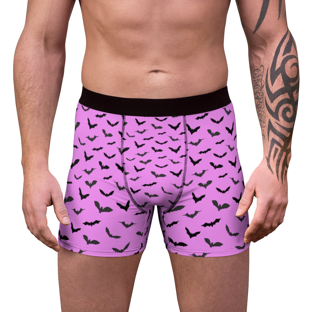 Pink Bats Men's Underwear, Black Flying Halloween Boxer Briefs For