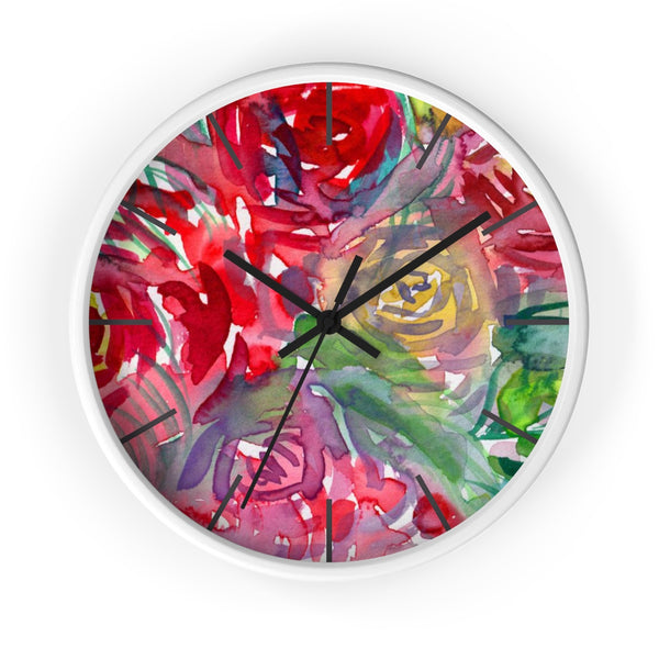 Red Floral Rose Flower Print Elegant 10 inch Diameter Wall Clock - Made in USA-Wall Clock-White-Black-Heidi Kimura Art LLC