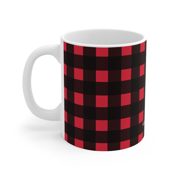 Red Buffalo Plaid Print Mug 11oz, Coffee Tea Ceramic Cup With Rounded Corners with C-Handle-Mug-Printify-11oz-Heidi Kimura Art LLC