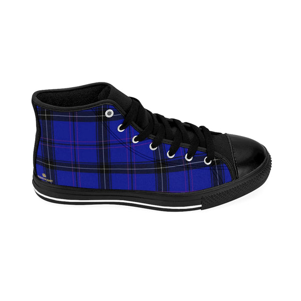 Blue Tartan Scottish Plaid Printed Premium Men's High-top Fashion Sneakers Shoes-Men's High Top Sneakers-Heidi Kimura Art LLC