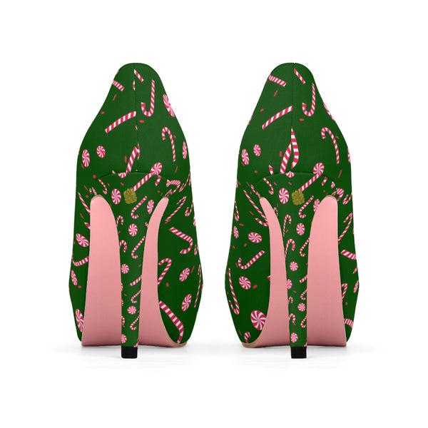 Dark Green Red White Christmas Candy Cane Print Festive Xmas Women's Platform Heels-4 inch Heels-Heidi Kimura Art LLC