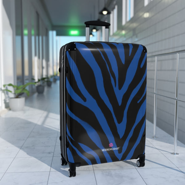 Blue Black Zebra Print Suitcases, Animal Print Designer Suitcase Luggage (Small, Medium, Large) Unique Cute Spacious Versatile and Lightweight Carry-On or Checked In Suitcase, Best Personal Superior Designer Adult's Travel Bag Custom Luggage - Gift For Him or Her - Made in USA/ UK