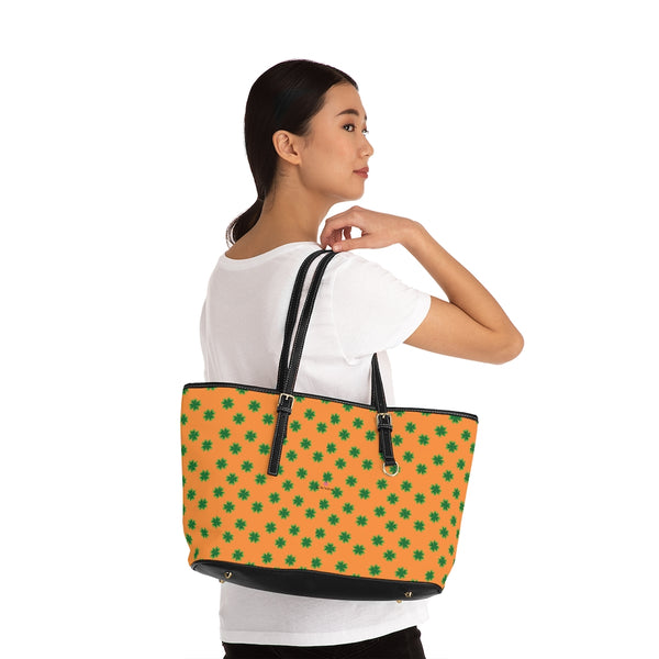 Orange Green Clover Tote Bag, PU Leather Shoulder Hand Work Bag