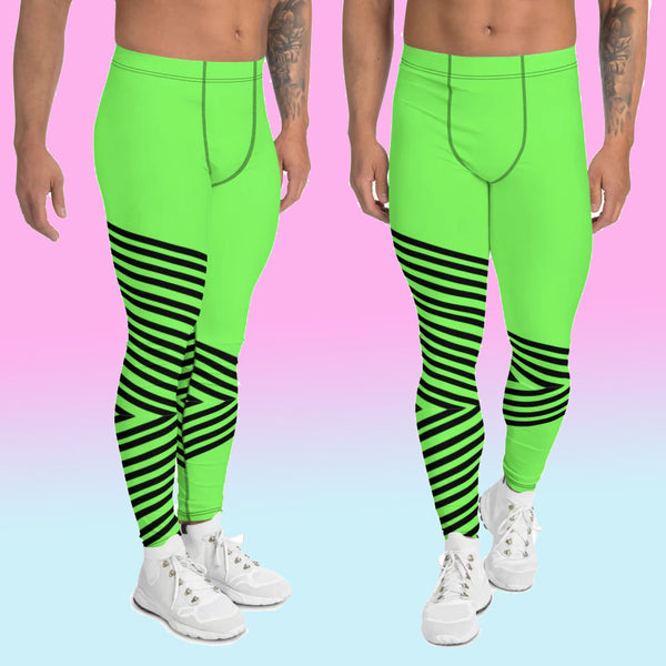 Green Striped Men's Leggings, Bright Green Vertical Stripes Circus Designer Print Sexy Meggings Men's Workout Gym Tights Leggings, Men's Compression Tights Pants - Made in USA/ EU/ MX (US Size: XS-3XL) 