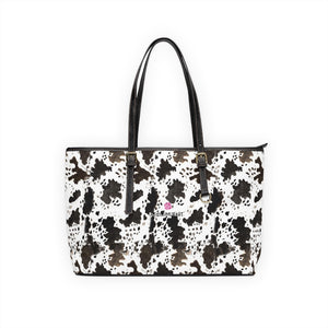 Cow Print Best Tote Bag, Best Stylish Cow Animal Print Fashionable Printed PU Leather Shoulder Large Spacious Durable Hand Work Bag 17"x11"/ 16"x10" With Gold-Color Zippers & Buckles & Mobile Phone Slots & Inner Pockets, All Day Large Tote Luxury Best Sleek and Sophisticated Cute Work Shoulder Bag For Women With Outside And Inner Zippers