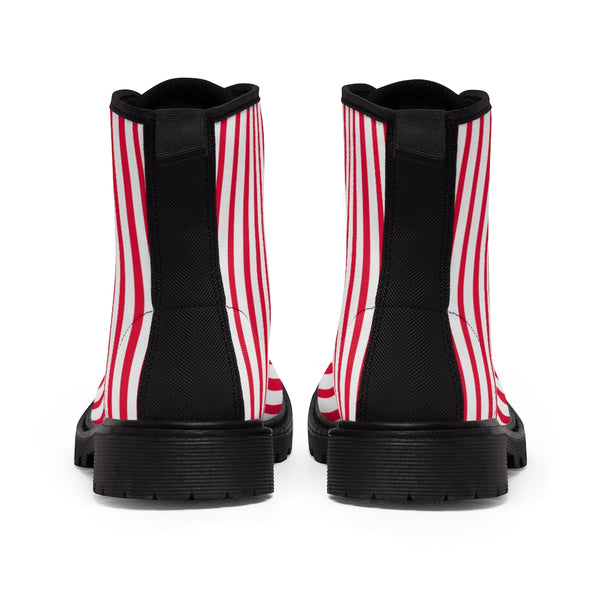 Red Striped Print Men's Boots, White Red Stripes Best Hiking Winter Boots Laced Up Shoes For Men-Shoes-Printify-Heidi Kimura Art LLC