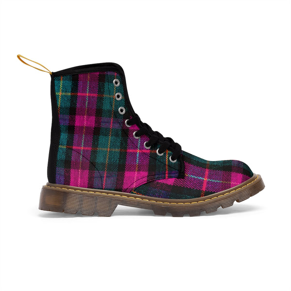 Pink Plaid Women's Canvas Boots, Pink & Green Scottish Style Plaid Classic Print Elegant Feminine Casual Fashion Gifts, Pink Plaid Print Shoes For Plaid Lovers, Combat Boots, Designer Women's Winter Lace-up Toe Cap Hiking Boots Shoes For Women (US Size 6.5-11) 