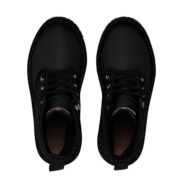 Black Color Men's Canvas Boots, Solid Black Color Hiking Combat Lace Up Fashion Boots For Men