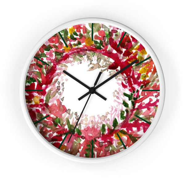 Fall Orange Red Floral Print Designer 10 in. Dia. Indoor Wall Clock- Made in USA-Wall Clock-10 in-White-Black-Heidi Kimura Art LLC