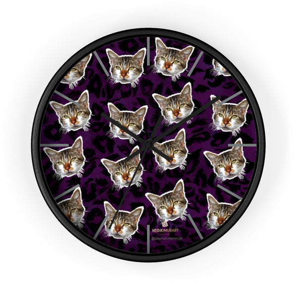 Purple Leopard Print Wall Clock, Peanut Meow Cat Cute Cat Large Clock- Made in USA-Wall Clock-10 in-Black-Black-Heidi Kimura Art LLC