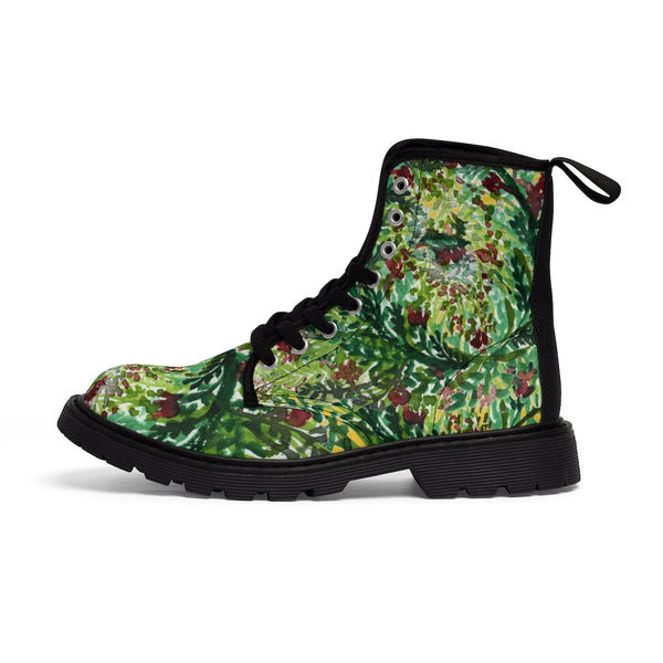 Yellow Green Floral Women's Boots, Best Cute Chic Best Flower Printed Elegant Feminine Casual Fashion Gifts, Flower Combat Boots, Designer Women's Winter Lace-up Toe Cap Hiking Boots Shoes For Women (US Size 6.5-11)
