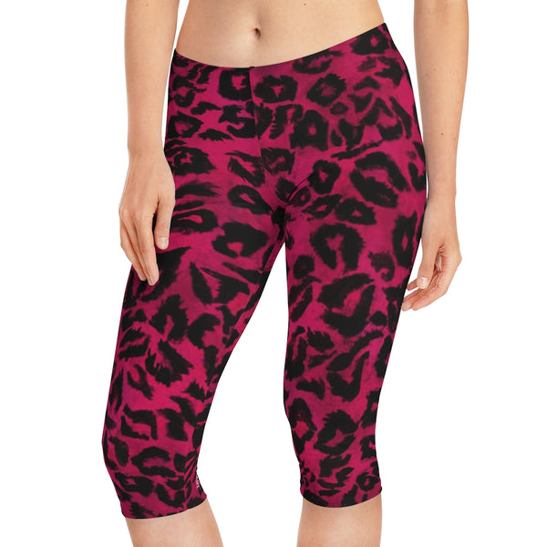 Pink Leopard Women's Capri Leggings, Modern Leopard Animal Print American-Made Best Designer Premium Quality Knee-Length Mid-Waist Fit Knee-Length Polyester Capris Tights-Made in USA (US Size: XS-3XL) Plus Size Available