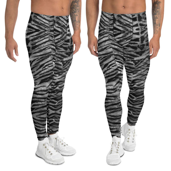 Grey Tiger Stripe Men's Leggings, Tiger Animal Print Sexy Meggings Men's Workout Gym Tights Leggings, Men's Compression Tights Pants - Made in USA/ EU/MX (US Size: XS-3XL) 