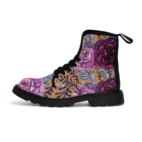 Brown Purple Floral Women's Boots, Flower Print Vintage Style Elegant Feminine Casual Fashion Gifts, Flower Rose Print Shoes For Rose Lovers, Combat Boots, Designer Women's Winter Lace-up Toe Cap Hiking Boots Shoes For Women (US Size 6.5-11)