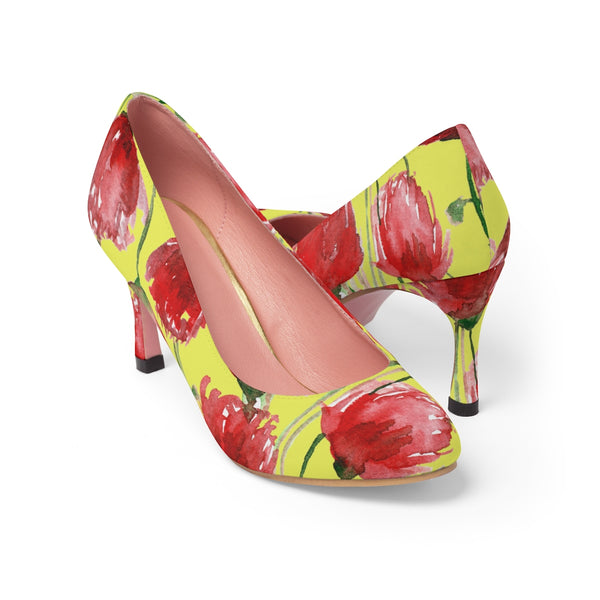 Yellow Cheerful Red Poppy Flower Floral Print Women's 3" High Heels (US Size 5-11)-3 inch Heels-US 7-Heidi Kimura Art LLC