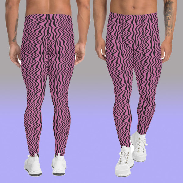 Pink Black Wavy Men's Leggings, Modern Patterned Cute Abstract Waves Designer Print Sexy Meggings Men's Workout Gym Tights Leggings, Men's Compression Tights Pants - Made in USA/ EU/ MX (US Size: XS-3XL) 