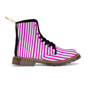 Pink Striped Women's Canvas Boots, Best Hot Pink White Stripes Winter Boots For Ladies-Shoes-Printify-Brown-US 9-Heidi Kimura Art LLC Pink Striped Women's Canvas Boots, Vertically White Striped Print Designer Women's Winter Lace-up Toe Cap Boots Shoes For Women   (US Size 6.5-11)
