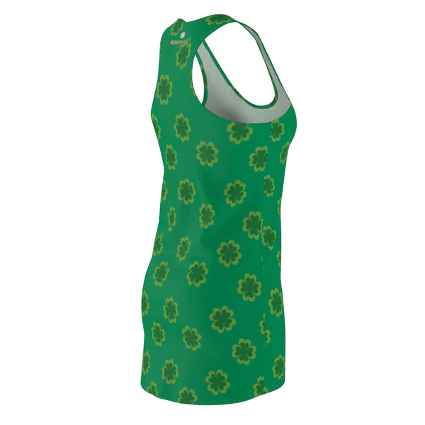 Dark Green Clover Leaf Print St. Patty's Day Long Regular Fit Women's Racerback Dress-Made in USA-Women's Sleeveless Dress-Heidi Kimura Art LLC
