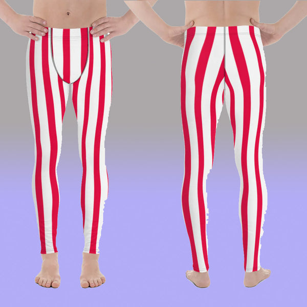 Circus Style Vertical StripedRed & White Stripes Meggings, Circus Style Vertical Striped Red & White Stripes Men's Running Circus Leggings & Run Tights Meggings Activewear- Made in USA/ Mexico/ Europe (US Size: XS-3XL)
