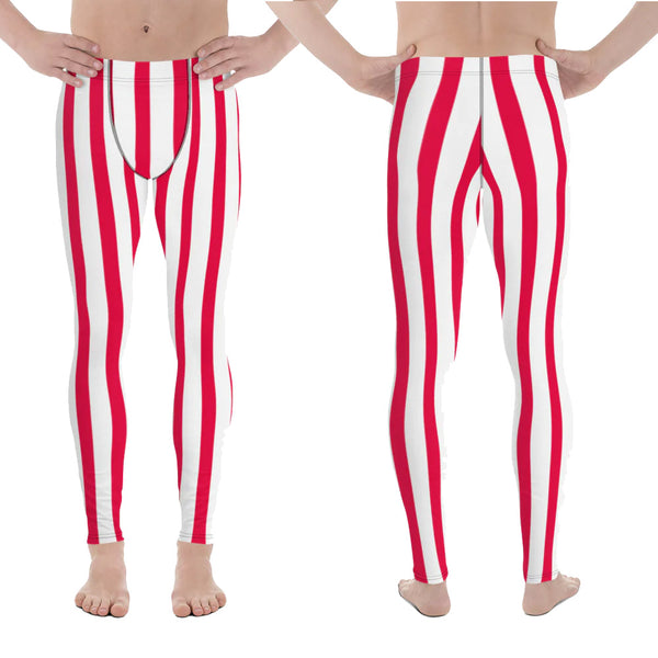 Red & White Stripes Meggings, Circus Style Vertical Striped Red & White Stripes Men's Running Circus Leggings & Run Tights Meggings Activewear- Made in USA/ Mexico/ Europe (US Size: XS-3XL)