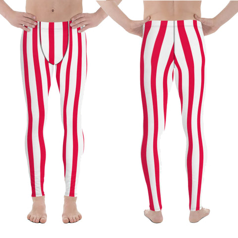 Red & White Stripes Meggings, Circus Style Vertical Striped Red & White Stripes Men's Running Circus Leggings & Run Tights Meggings Activewear- Made in USA/ Mexico/ Europe (US Size: XS-3XL)