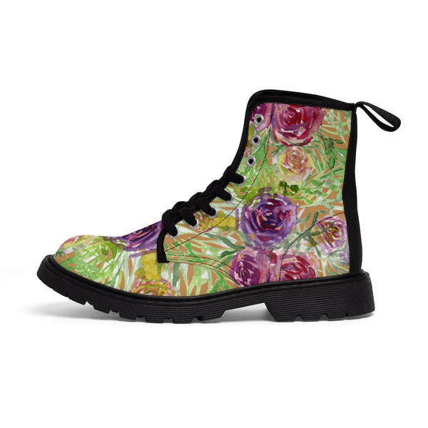 Brown Yellow Floral Women's Boots, Flower Print Vintage Style Flower Rose Print Elegant Feminine Casual Fashion Gifts, Flower Rose Print Shoes For Rose Lovers, Combat Boots, Designer Women's Winter Lace-up Toe Cap Hiking Boots Shoes For Women (US Size 6.5-11)
