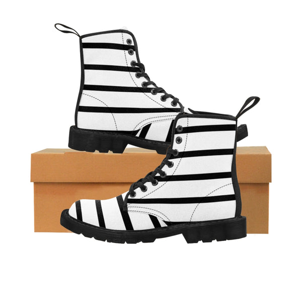 Black Striped Print Men's Boots, Horizontal Stripes Modern Best Hiking Winter Boots Laced Up Shoes For Men-Men's Boots-Printify-ArtsAdd-Black-US 9-Heidi Kimura Art LLC