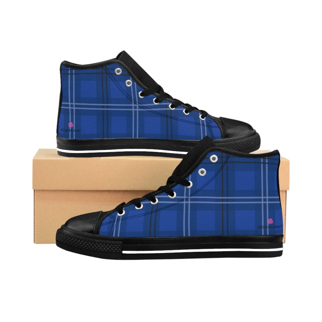 Blue Plaid Men's High Tops, Scottish Plaid Preppy Print Designer Men's Shoes, Men's High Top Sneakers US Size 6-14, Mens High Top Casual Shoes, Unique Fashion Tennis Shoes, Mens Modern Footwear (US Size: 6-14)