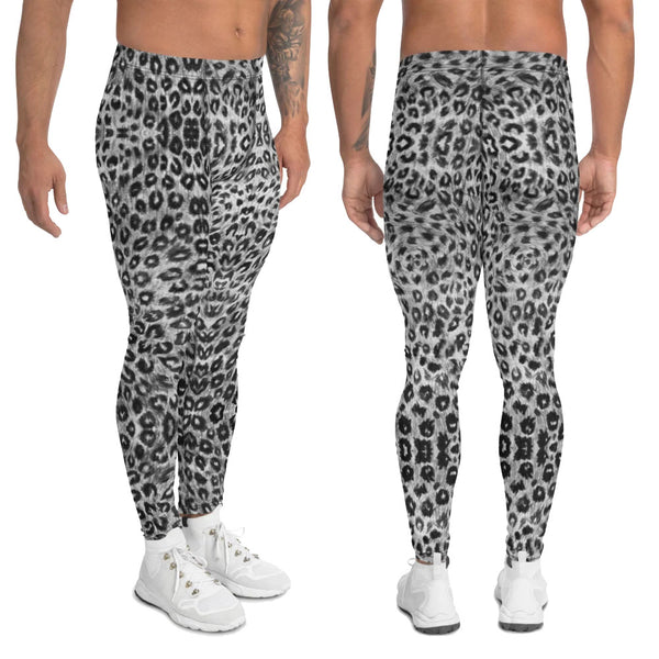 Black Leopard Print Men's Leggings, Grey White Black Animal Print Leopard Modern Meggings, Men's Leggings Tights Pants - Made in USA/EU (US Size: XS-3XL) Sexy Meggings Men's Workout Gym Tights Leggings