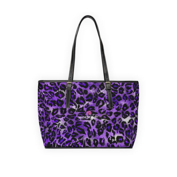 Purple Leopard Print Tote Bag, Purple Best Stylish Leopard Animal Printed PU Leather Shoulder Large Spacious Durable Hand Work Bag 17"x11"/ 16"x10" With Gold-Color Zippers & Buckles & Mobile Phone Slots & Inner Pockets, All Day Large Tote Luxury Best Sleek and Sophisticated Cute Work Shoulder Bag For Women With Outside And Inner Zippers