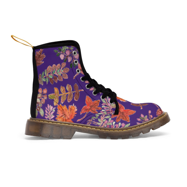 Purple Fall Leaves Women's Boots, Autumn Fall Leaves Print Women's Boots, Combat Boots, Designer Women's Winter Lace-up Toe Cap Hiking Boots Shoes For Women (US Size 6.5-11) Fall Leaves Fashion Canvas Shoes, Fall Leaves Print Winter Boots, Autumn Leaves Printed Boots For Ladies, Colorful Boots For Women