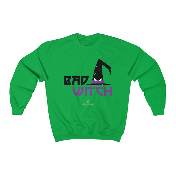Halloween Sweatshirt, Bad Witch Unisex Heavy Blend Crewneck Shirt-Made in USA (US Size: S-5XL)-Long-sleeve-Irish Green-S-Heidi Kimura Art LLC