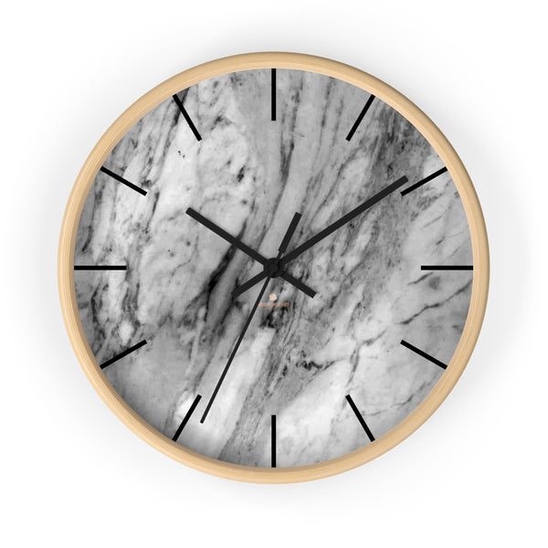 Gray White Marble Print Art Large Indoor Designer 10" dia. Wall Clock-Made in USA-Wall Clock-10 in-Wooden-Black-Heidi Kimura Art LLC