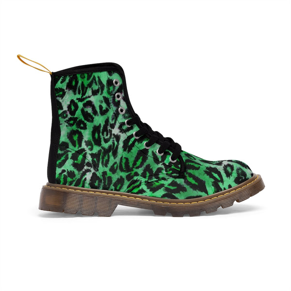 Green Leopard Print Men Hiker Boots, Animal Print Best Hunting Style Designer Men's Canvas Boots