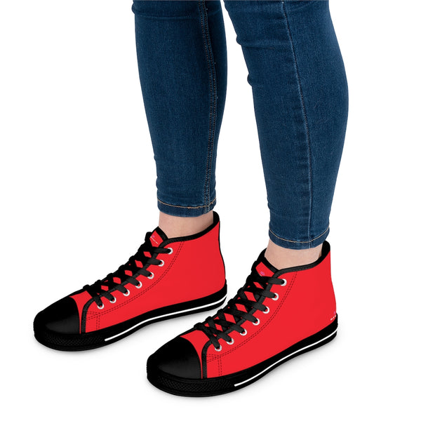 Bright Red Ladies' High Tops, Solid Red Color Best Quality Women's High Top Fashion Canvas Sneakers Tennis Shoes (US Size: 5.5-12)