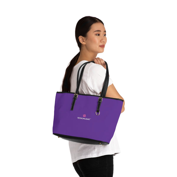 Dark Purple Zipped Tote Bag, Solid Purple Color Modern Essential Designer PU Leather Shoulder Large Spacious Durable Hand Work Bag 17"x11"/ 16"x10" With Gold-Color Zippers & Buckles & Mobile Phone Slots & Inner Pockets, All Day Large Tote Luxury Best Sleek and Sophisticated Cute Work Shoulder Bag For Women With Outside And Inner Zippers