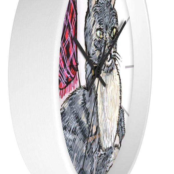 Gray Cat Print Wall Clock, Cute Animal Art Print 10 in. Dia. Indoor Wall Clock- Made in USA-Wall Clock-Heidi Kimura Art LLC