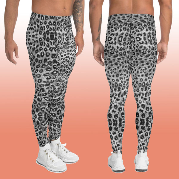 Black Leopard Print Men's Leggings, Grey White Black Animal Print Leopard Modern Meggings, Men's Leggings Tights Pants - Made in USA/EU (US Size: XS-3XL) Sexy Meggings Men's Workout Gym Tights Leggings