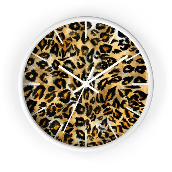 Brown Leopard Print Wall Clock, Animal Print Pattern 10" Dia. Indoor Clock-Made in USA-Wall Clock-White-White-Heidi Kimura Art LLC