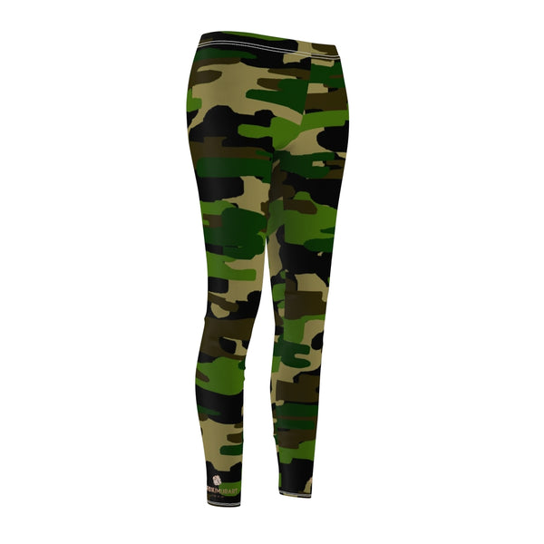 Green Brown Camo Military Print Women's Dressy Long Casual Leggings- Made in USA-Casual Leggings-Heidi Kimura Art LLC