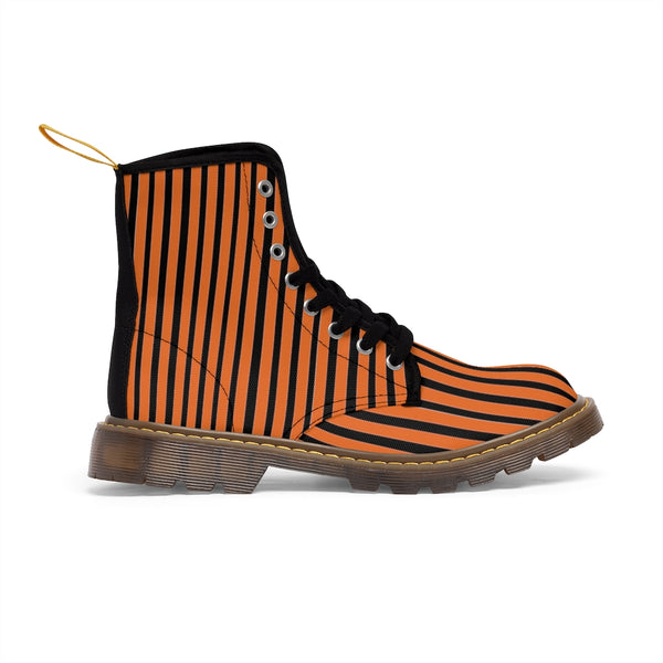 Orange Striped Print Men's Boots, Black Stripes Best Hiking Winter Boots Laced Up Shoes For Men-Shoes-Printify-Heidi Kimura Art LLC