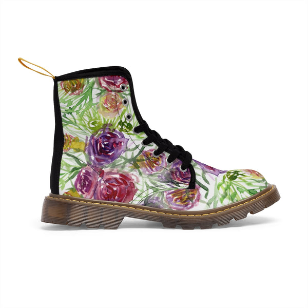 Garden Rose Floral Women's Boots, Pink Yellow Flower Vintage Style Ladies' Combat Hiking Boots