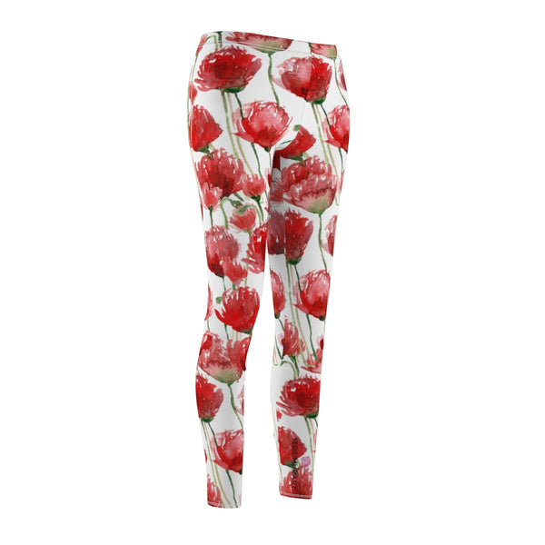 Red Poppy Floral Casual Tights, Women's Floral Casual Leggings