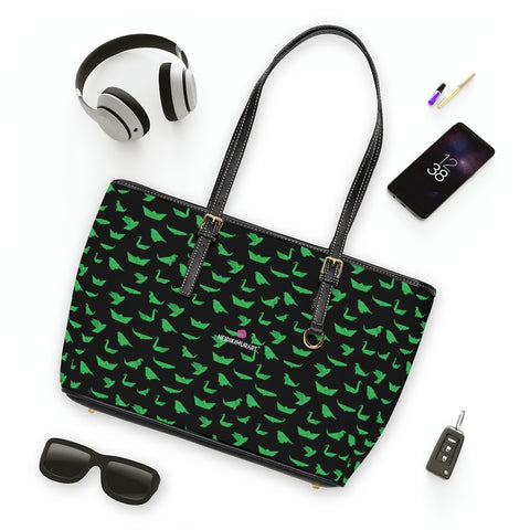 Green Crane Black Tote Bag, Best Stylish Fashionable Printed PU Leather Shoulder Large Spacious Durable Hand Work Bag 17"x11"/ 16"x10" With Gold-Color Zippers & Buckles & Mobile Phone Slots & Inner Pockets, All Day Large Tote Luxury Best Sleek and Sophisticated Cute Work Shoulder Bag For Women With Outside And Inner Zippers