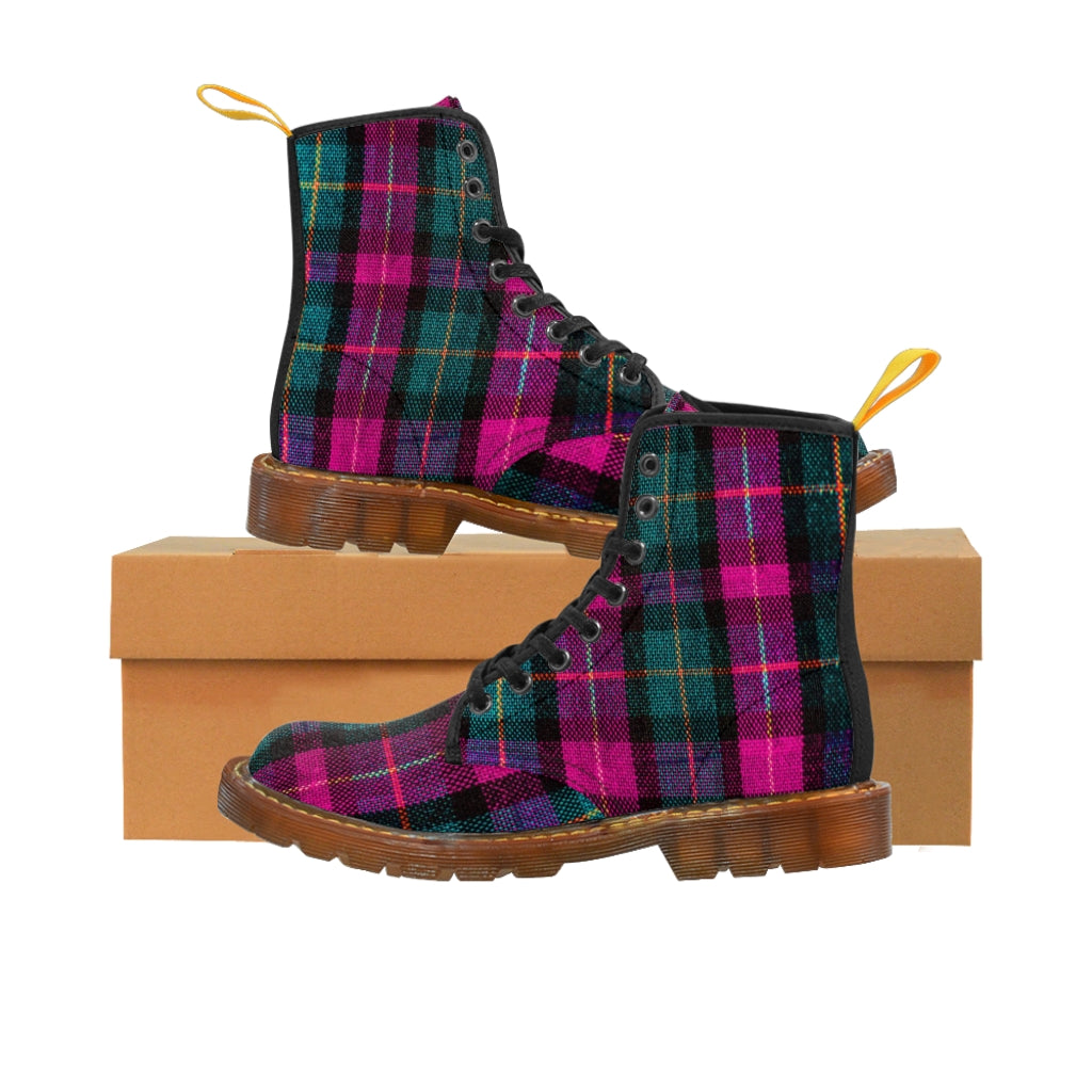 Pink Plaid Print Men's Boots, Pink Green Plaid Tartan Printed Hiking Winter Laced Up Hunting Shoes Combat Work Hunting Boots, Anti Heat + Moisture Designer Men's Winter Boots Hiking Shoes (US Size: 7-10.5)