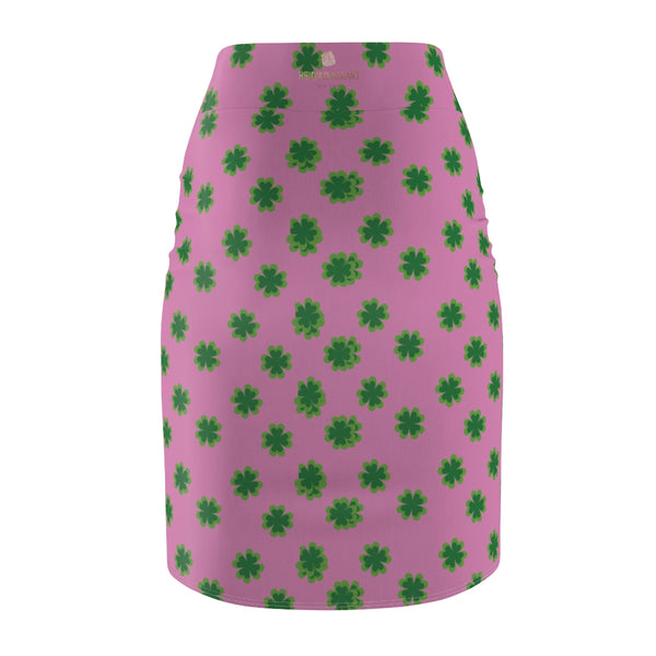Lucky Pink And Green Clover Leaf Print St. Patrick's Day Women's Pencil Skirt- Made in USA-Pencil Skirt-Heidi Kimura Art LLC