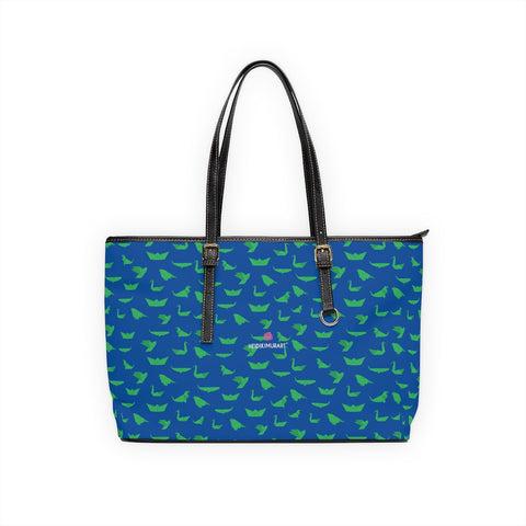 Navy Blue Crane Tote Bag, Best Crane Birds Print Stylish Fashionable Printed PU Leather Shoulder Large Spacious Durable Hand Work Bag 17"x11"/ 16"x10" With Gold-Color Zippers & Buckles & Mobile Phone Slots & Inner Pockets, All Day Large Tote Luxury Best Sleek and Sophisticated Cute Work Shoulder Bag For Women With Outside And Inner Zippers