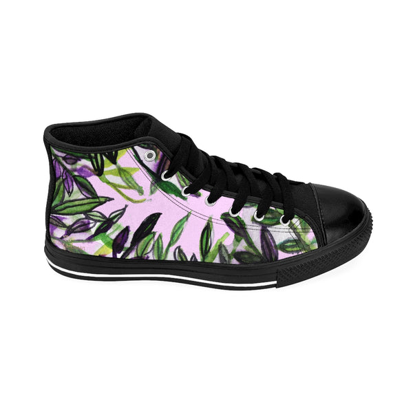 Light Pink Green Tropical Leaf Print Designer Men's High-top Sneakers Tennis Shoes-Men's High Top Sneakers-Heidi Kimura Art LLC