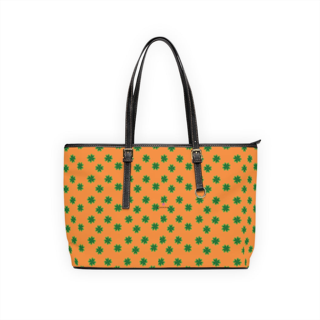 Orange Green Clover Tote Bag, PU Leather Shoulder Hand Work Bag